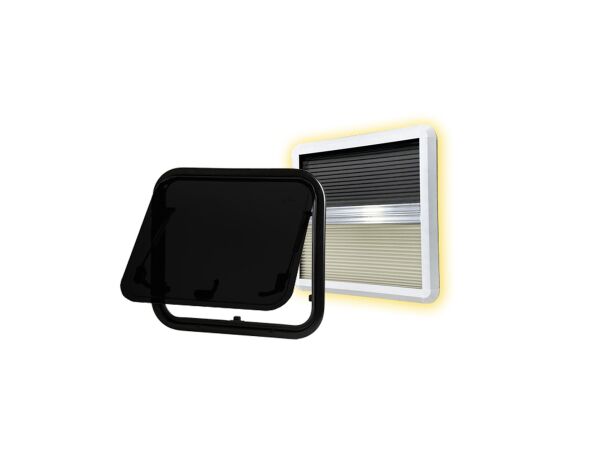 Wohnmobil Fenster- & Rollo-Set 450x450mm mit LED-Beleuchtung, Verdunkelungsrollo & Moskitonetz – Komplettset